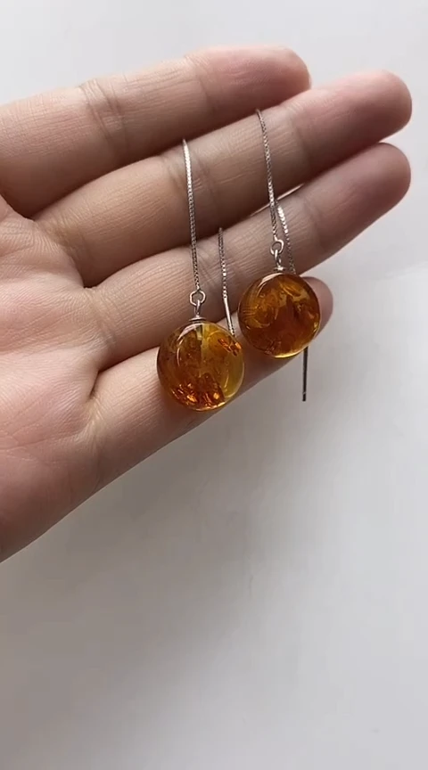 【闪购商品】琥珀裸石银S925镶嵌花珀耳线