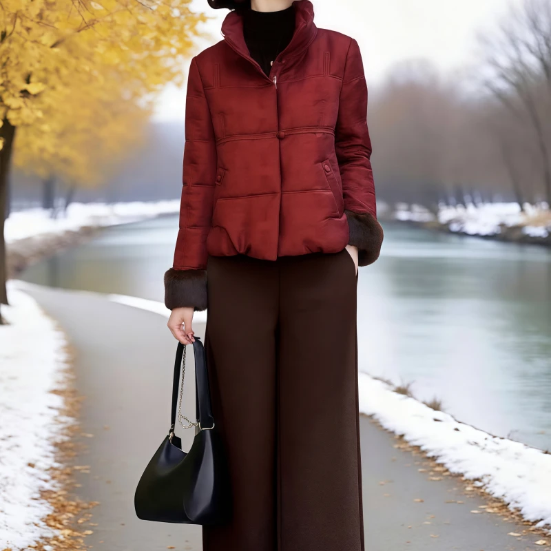 素订女装原创品牌旗舰店时尚90白鸭绒立领羽绒服+毛呢休闲裤冬季
