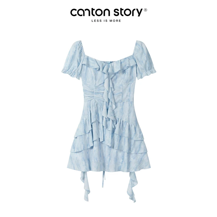 羊城故事【清仓】法式荷叶边连衣裙不规则收腰a字短裙 Y50650827