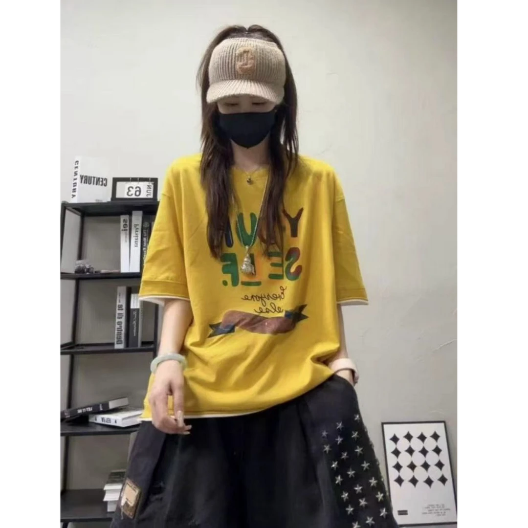 媄澜设计感水洗棉印花ins短袖T恤宽松百搭撞色圆领上衣小众女装