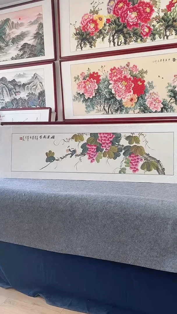 国画纯手绘国画玄关画165*50CM带框装饰字画