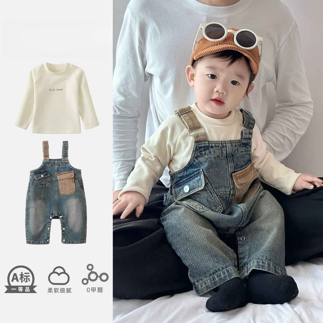 婴儿连体衣春秋季牛仔背带套装男宝宝衣服秋装春秋款满月宝宝衣服
