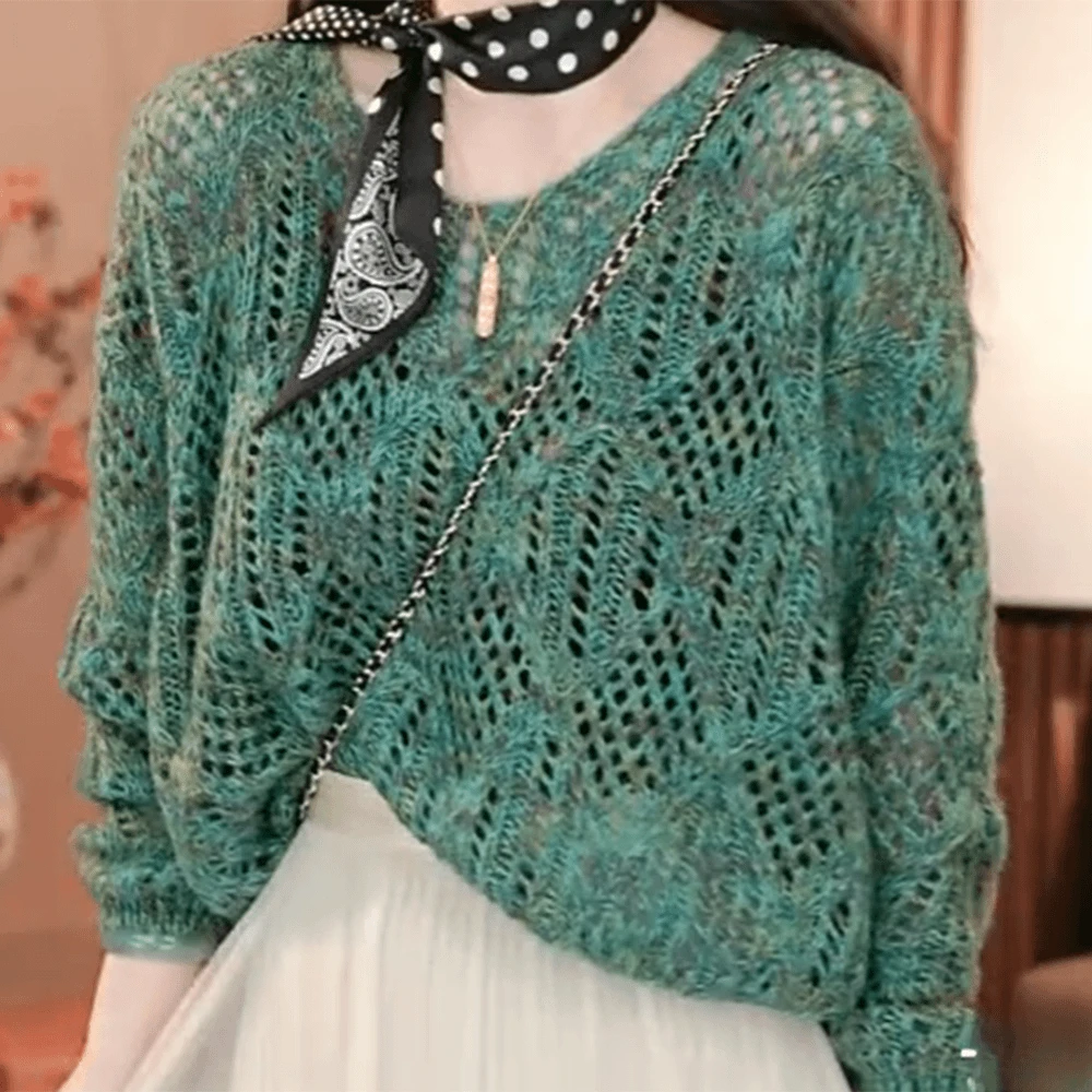 2025春季新款韩系温柔减龄V领镂空时尚百搭显瘦针织上衣洋气长袖