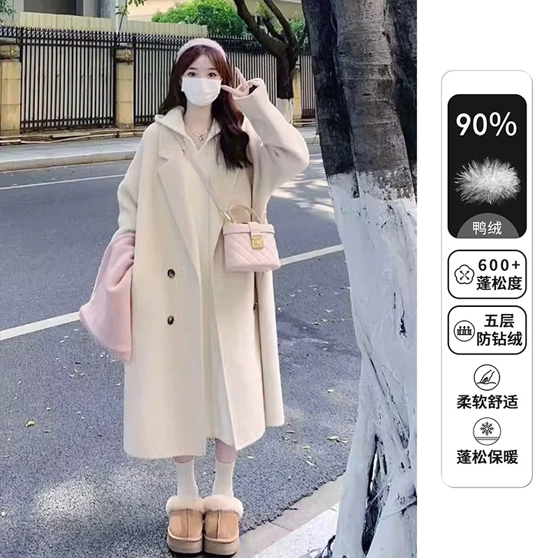 2024冬小个子羽绒呢子大衣女中长款宽松气质毛呢外套网红赫本风