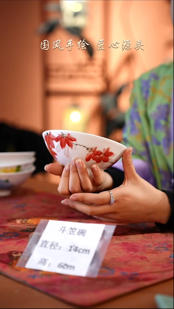 陶瓷景德镇高温釉中彩斗笠碗直径14高6