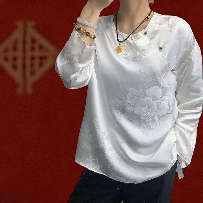 【白净】100桑蚕丝大王锻圆领国风设计师款百搭衬衫