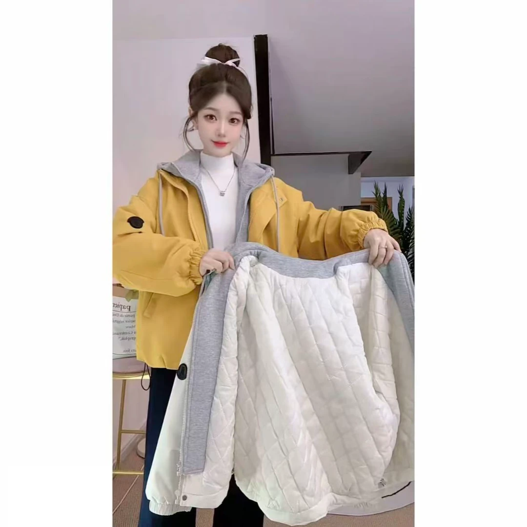 秋冬新款设计感拼接撞色假两件棉服微胖mm洋气减龄时尚百搭冲锋衣