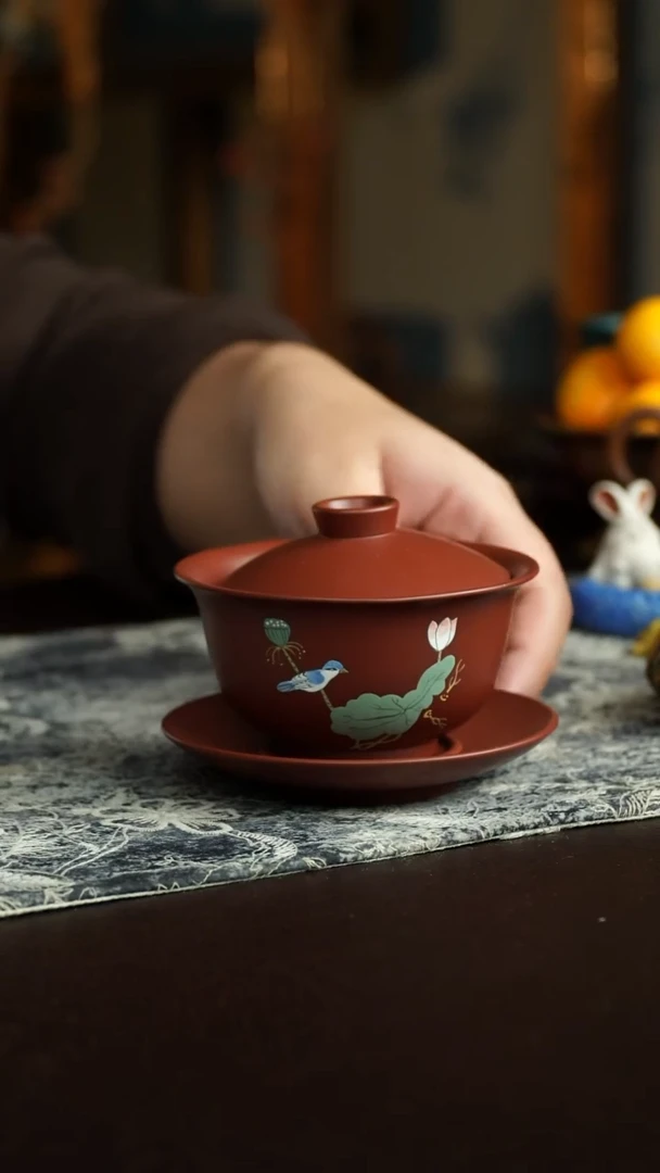 茶杯紫砂25号 朱泥荷花盖碗 宜兴紫砂原矿作品