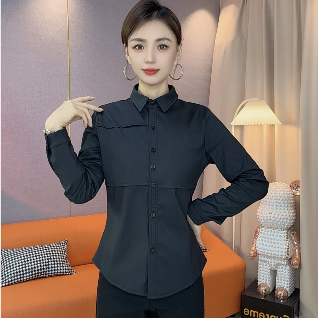 (加绒保暖)厚款冬季修身型拼接衬衫时尚气质女士修身显瘦Z1516