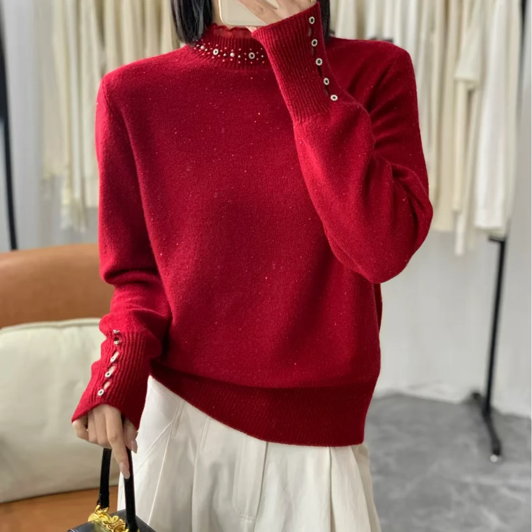 【订珠蕾丝亮片】套头衫羊毛衫百搭红色半高领