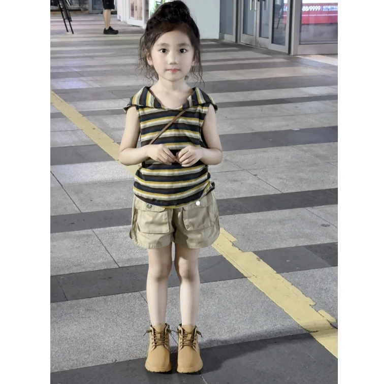【亲子款】女童夏季新款套装洋气复古条纹背心女宝宝工装短裤两件套