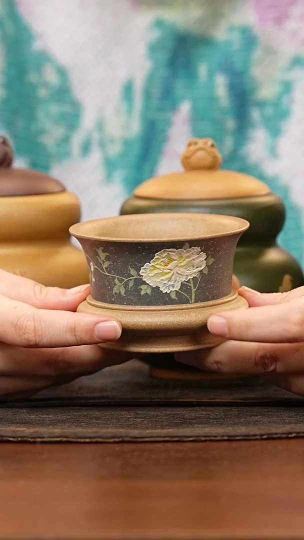 紫砂茶叶罐B****i葵黄段泥绘牡丹明炉杯