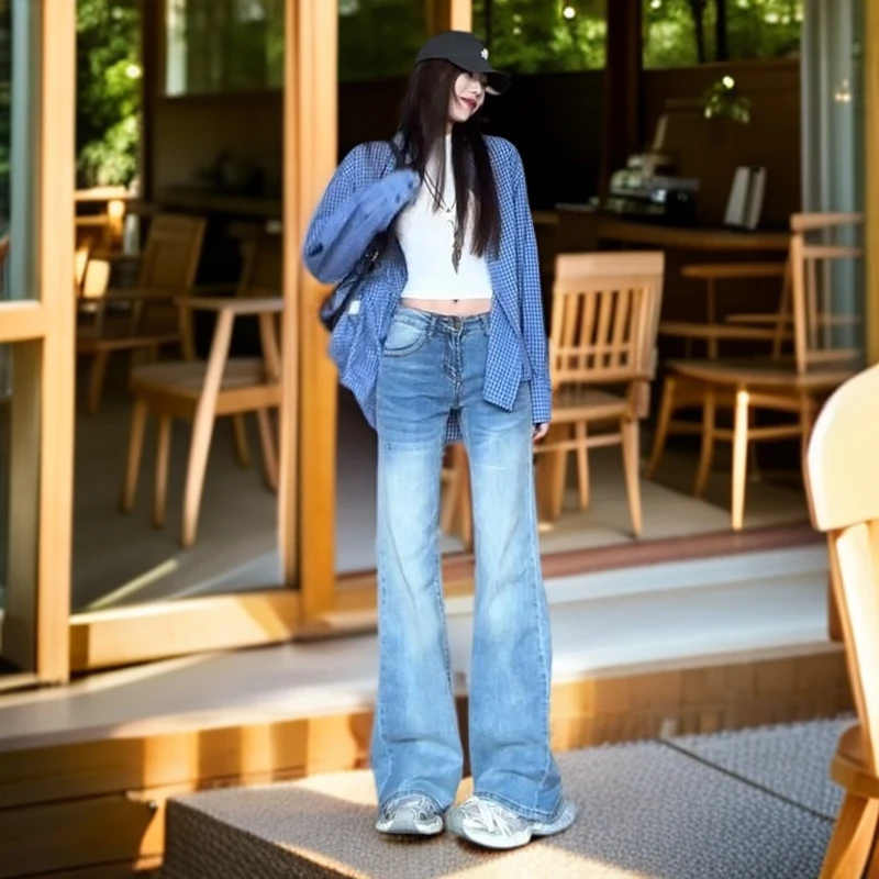 浅蓝低腰微喇牛仔裤女2025秋季新款小个子弹力显瘦修身喇叭裤子