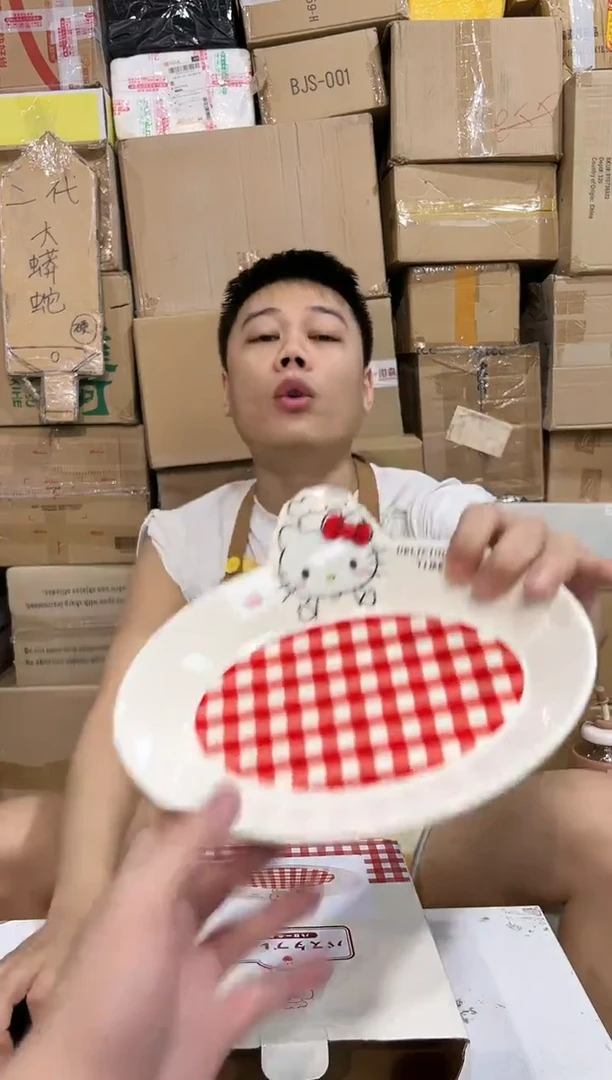 瓷片原盒kt猫红格子餐盘