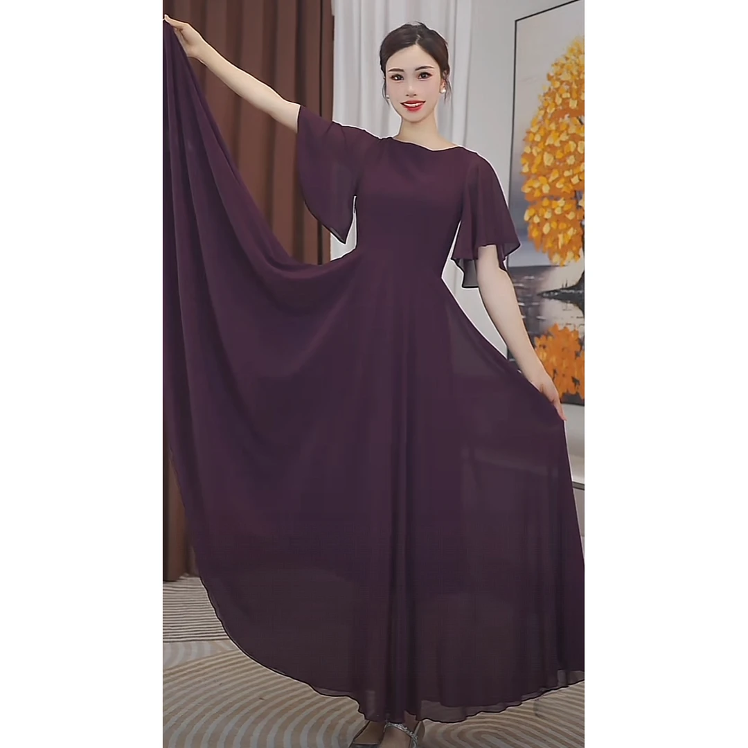 2025夏长裙常规暮山紫色高腰连衣裙礼服女装大摆气质收腰显瘦