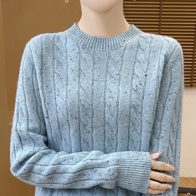 加厚圆领  100%羊毛 彩纱 一线成衣 女士高档羊毛衫扭花针织宽松