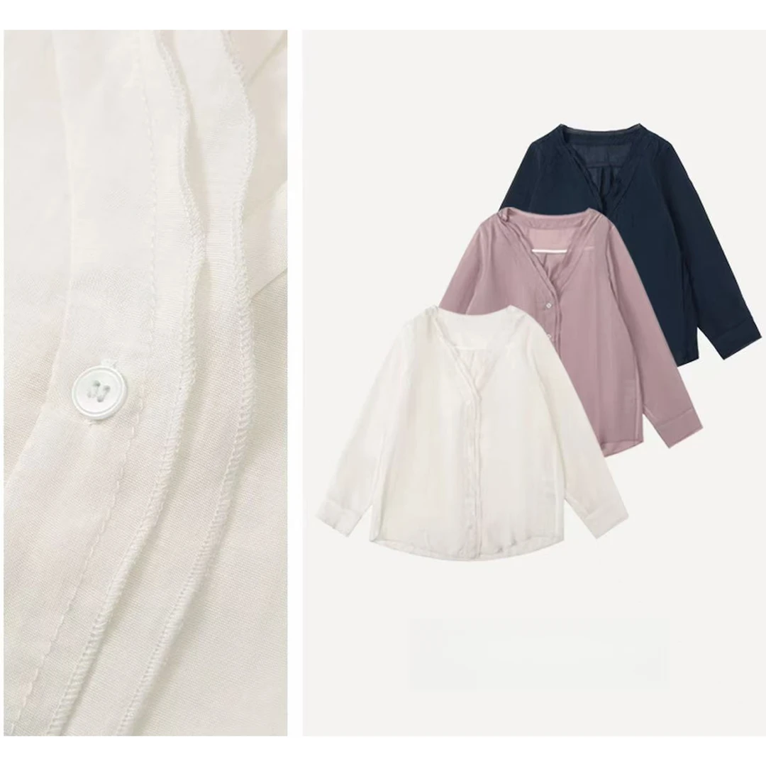 hh 韩系简约夏季新品双层花边V领微透防晒宽松衬衫