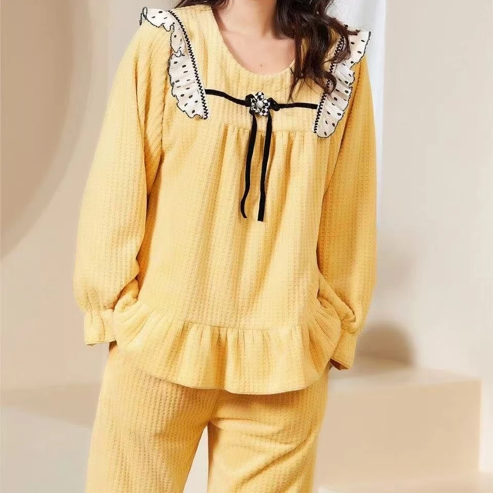 黄色冬季双面海岛绒加厚套头黄色保暖女套装家居服