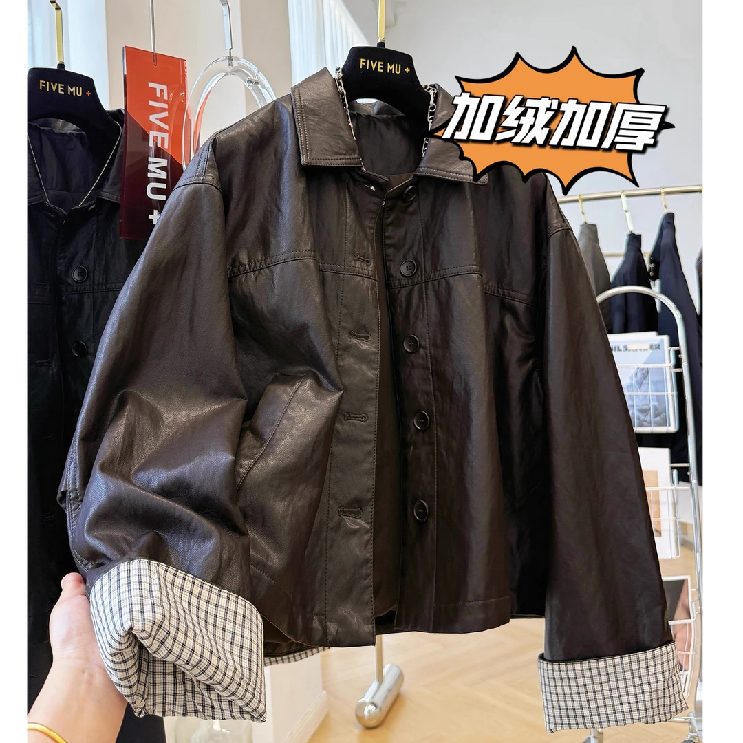 2025超火韩系休闲翻领小皮衣女秋季独特超好看高端皮夹克短款外套