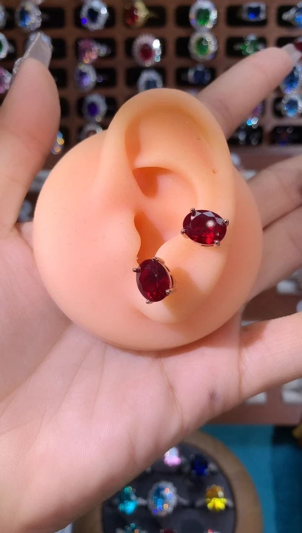 银S925镶嵌耳饰红宝石玫瑰金810酒红