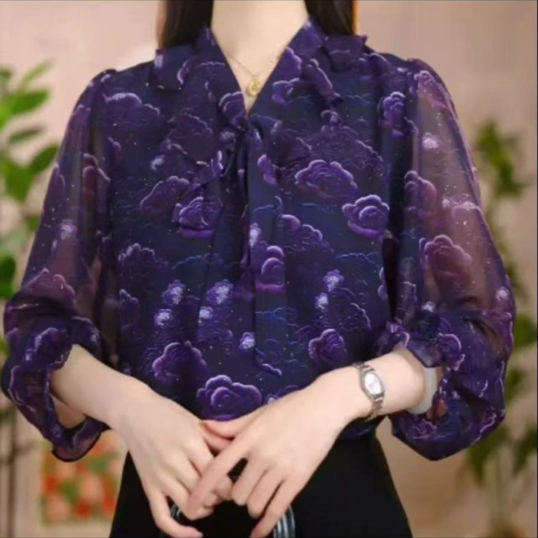 雪纺衬衫2025夏季女士轻奢飘带洋气印花减龄宽松遮肉紫色百搭女装