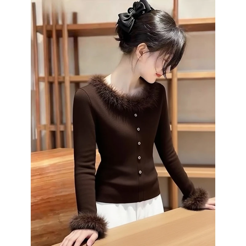 绝美巨好看的打底衫女冬小众设计感洋气独特别致掐腰咖色针织上衣