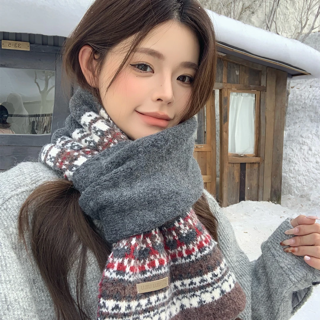 新款费尔岛风提花针织围巾女冬季保暖学生防寒护颈氛围感毛线围脖