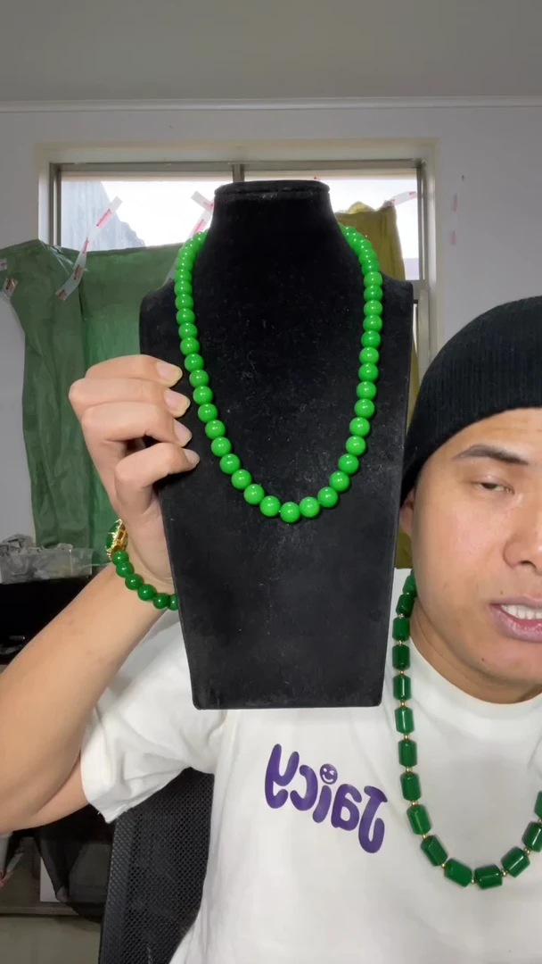 翡翠未镶嵌毛衣链【小伍珠宝】缅料苹果绿10mm毛衣链