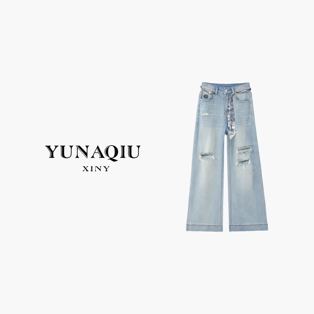 YUNAQIU 高腰直筒时尚休闲复古水洗牛仔裤-9260
