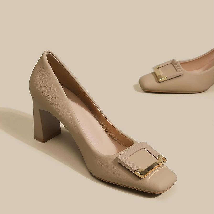 Moleubak裸色方扣粗跟高跟鞋女不累脚百搭方头中跟浅口单鞋6cm