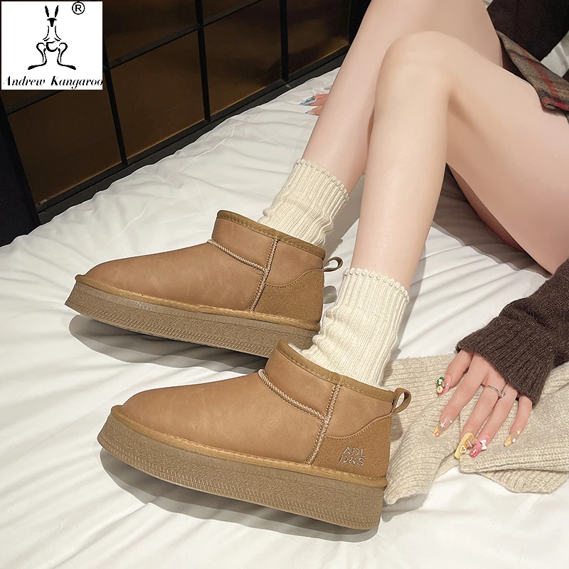 意大利袋鼠防水短靴加绒雪地靴女外穿厚底2024秋冬季新款雪地棉