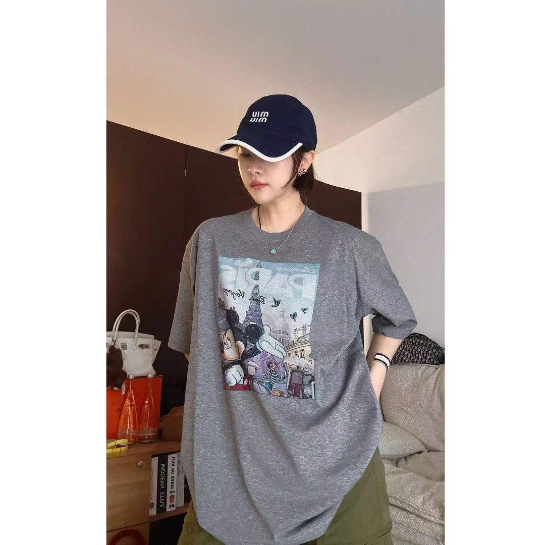 【影子】铁塔米老鼠卡通潮流百搭宽松休闲印花大版中长款短袖T恤
