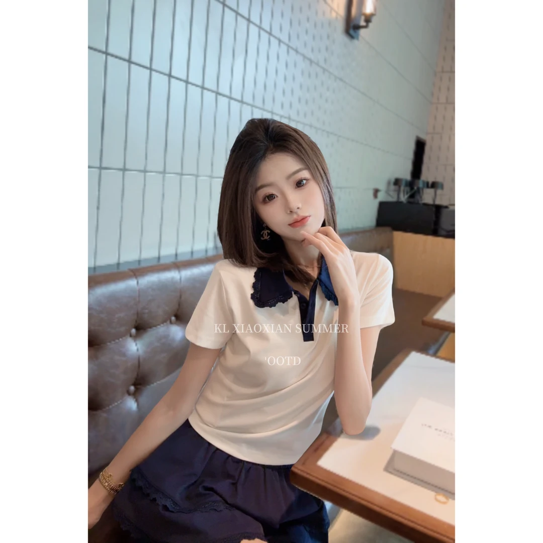 蕾丝拼接polo短袖上衣➕蛋糕裙裤套装 K0602
