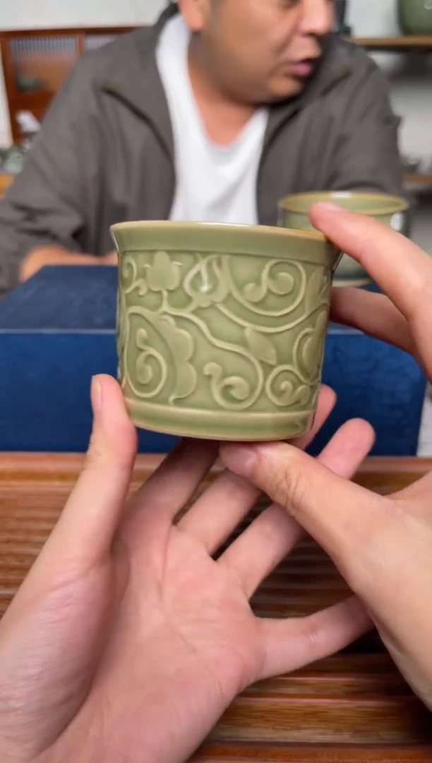 瓷器耀州窑唐草纹大缸杯  微瑕