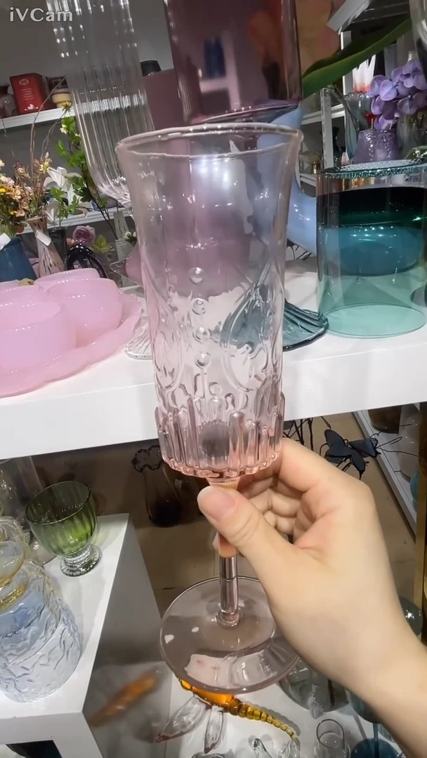 高脚款水晶玻璃2只粉色中古带脚杯