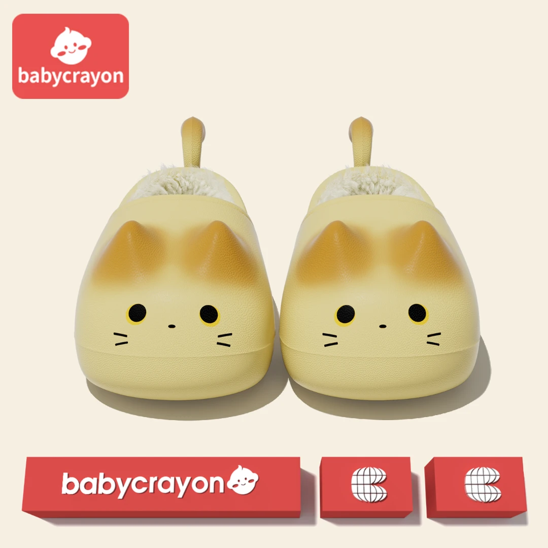 babycrayon猫咪棉拖鞋儿童冬季卡通可爱包跟室内居家加绒亲子棉鞋