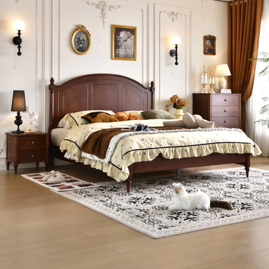 法式中古风白蜡木全实木大床美式复古实木主卧轻奢双人婚床硬靠版