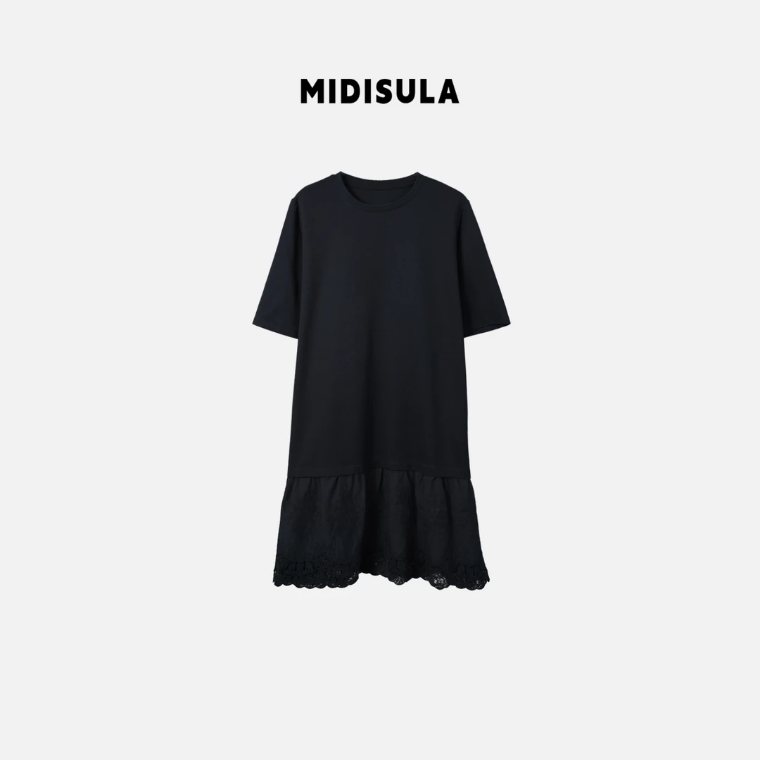 MDSL·极简风夏季圆领拼接蕾丝屁帘百搭T恤下摆拼接连衣裙#0798