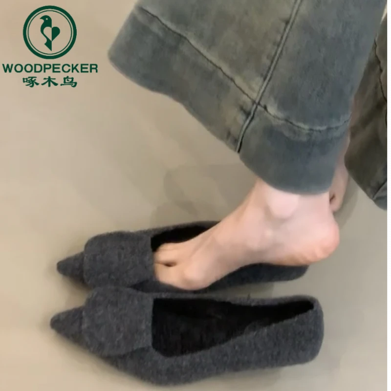 啄木鸟法式尖头毛毛鞋女冬外穿加绒单鞋女晚风方扣细跟浅口高跟鞋