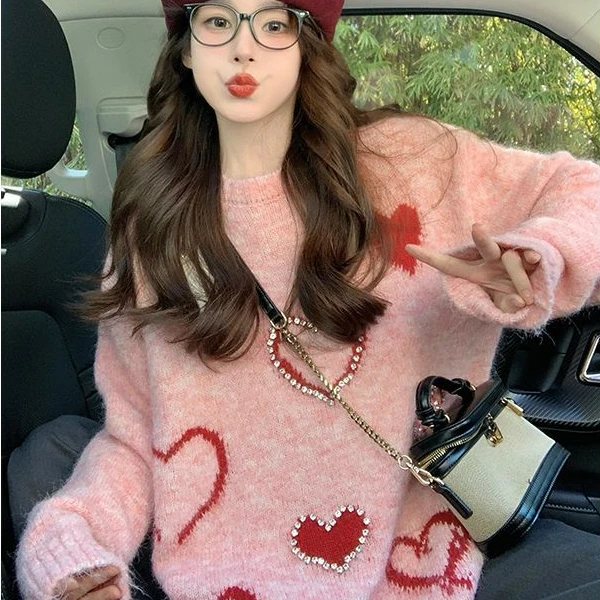 秋冬新款爱心套头毛衣女宽松甜美可爱时尚百搭慵懒风针织打底衫潮