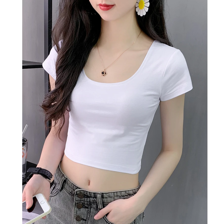 白色t恤女短袖修身短款露脐上衣2025年夏季新款露腰显瘦露背内搭