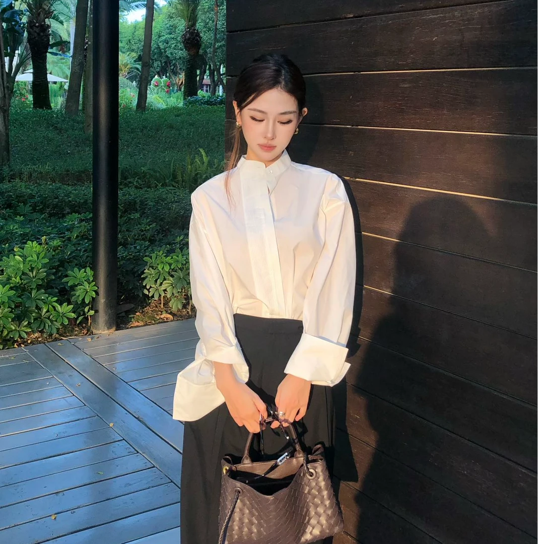 2025秋新款宽松气质立领长袖女衬衫时尚设计感法式洋气白色衬衣潮
