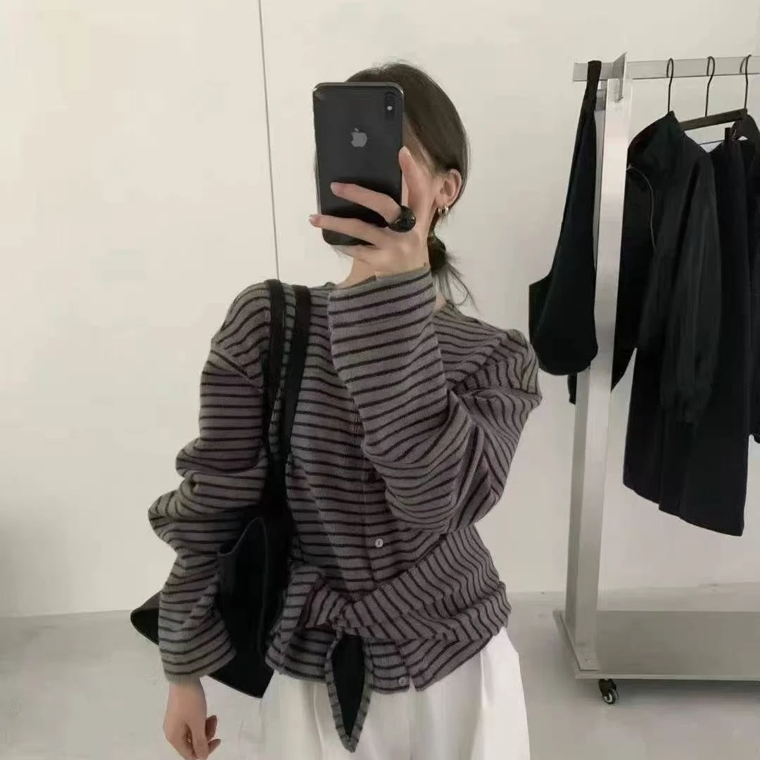 66863时髦艺术生 三角巾条纹慵懒外套