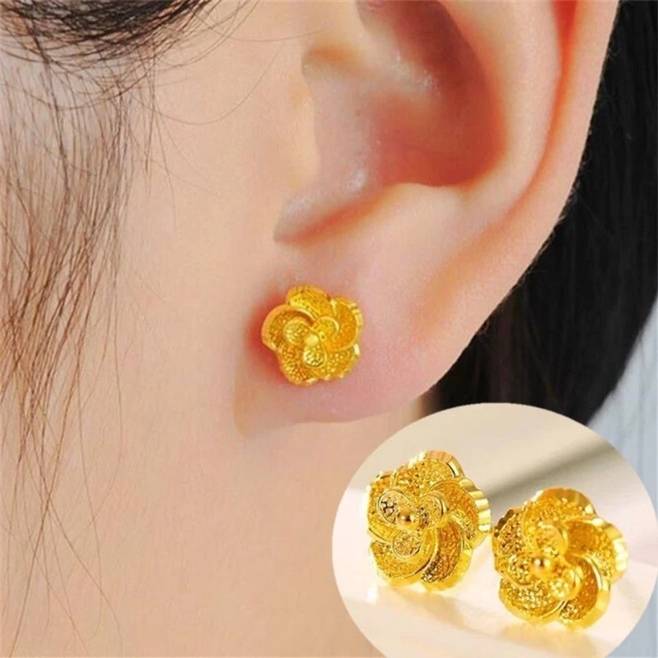 铜合金耳饰 18k金色玫瑰花耳环女韩版镀金耳钉送老婆礼物防