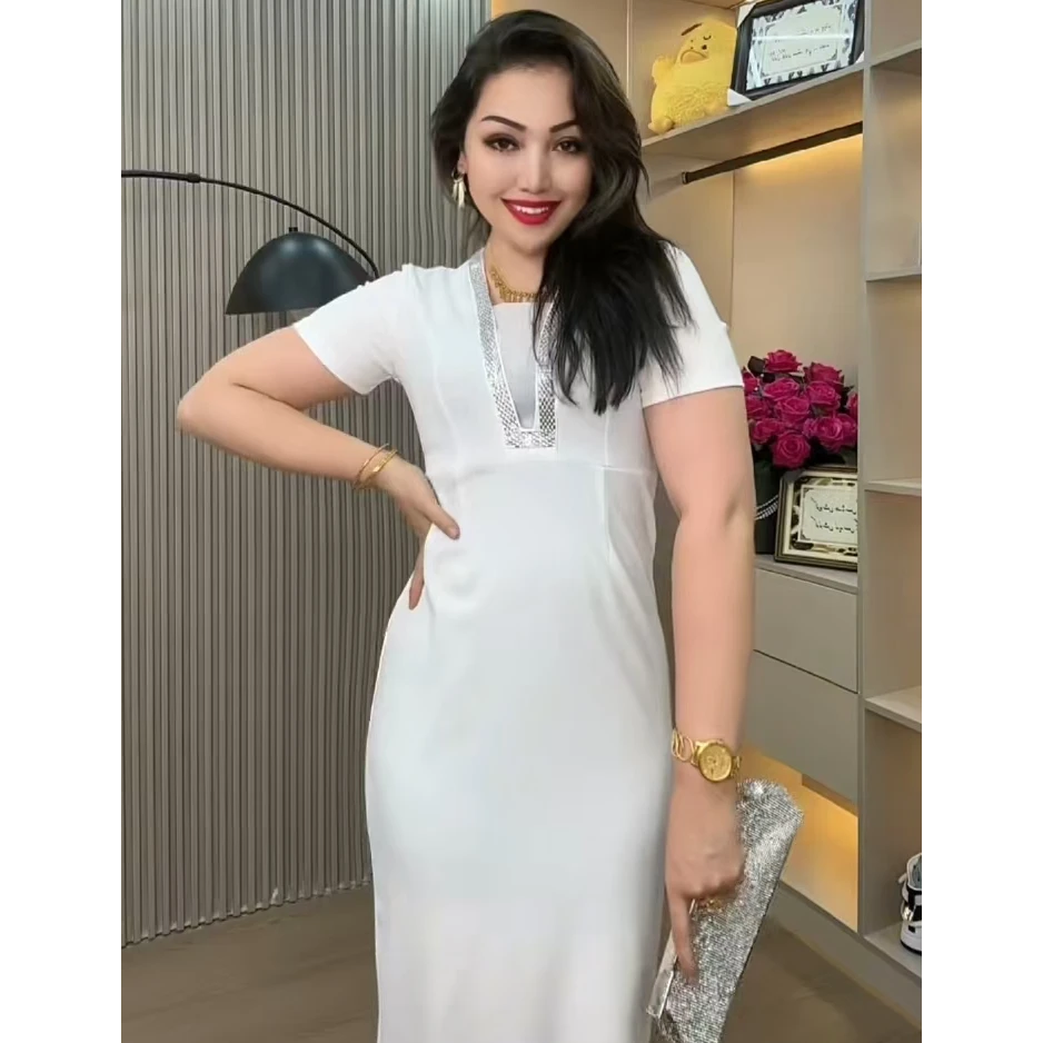 时尚夏季中长款连衣裙轻奢裙子显瘦气质白色休闲百搭开叉修身