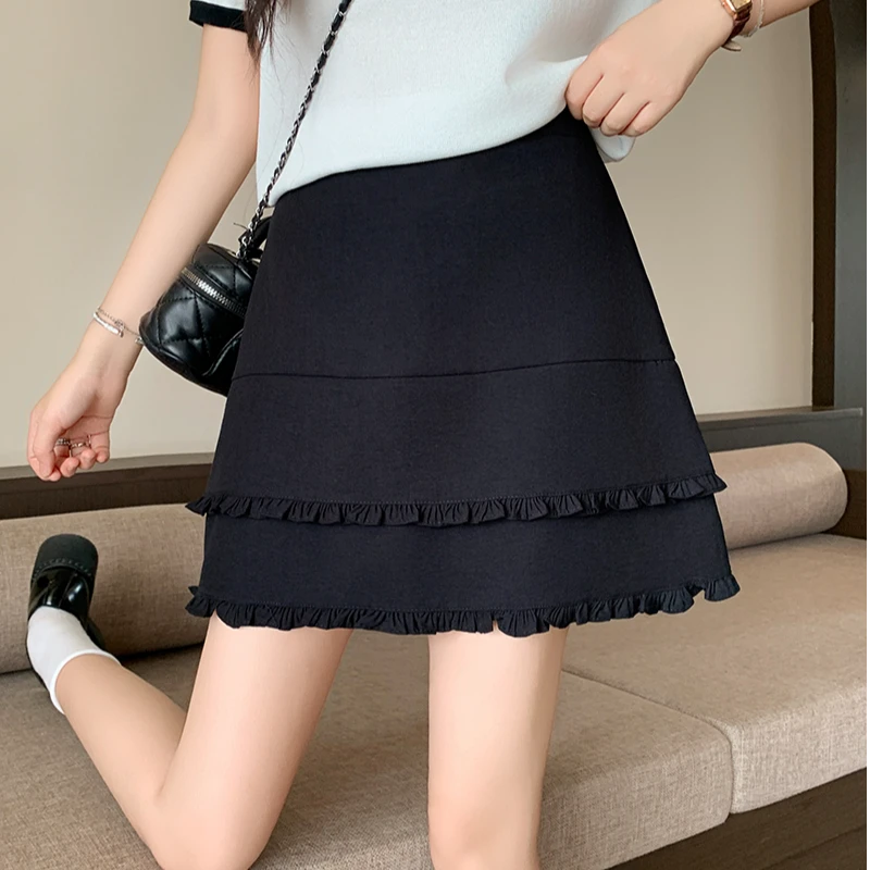 大码胖mm黑色木耳边半身裙女夏季高腰拼接花边a字蛋糕裙短裙子女