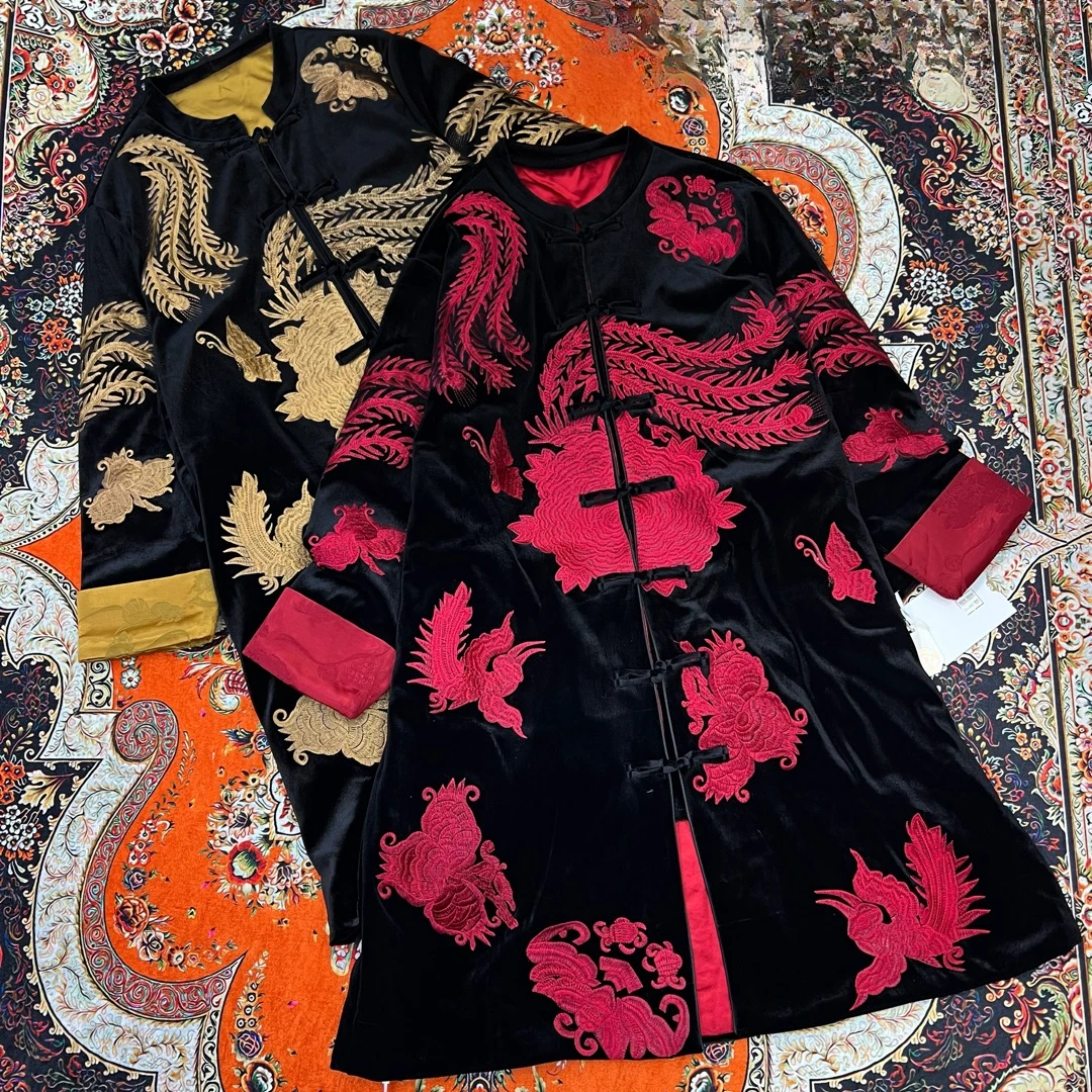 【甄胖·蝶雨花】新中式大码女装冬季重工刺绣丝绒长款棉服