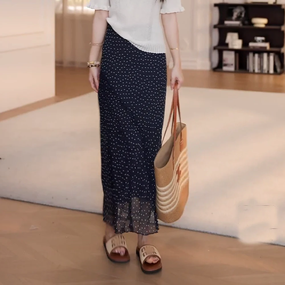 夏季显瘦松紧腰波点裙斜花边网纱半身裙女2025夏季新款中长款裙子