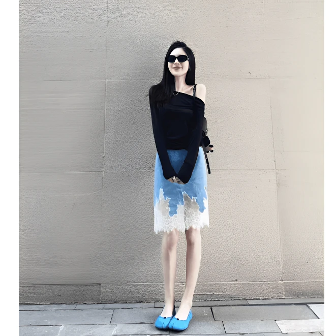 MARIE.COCO一字肩上衣女长袖t恤打底衫高腰拼接蕾丝半身裙套装