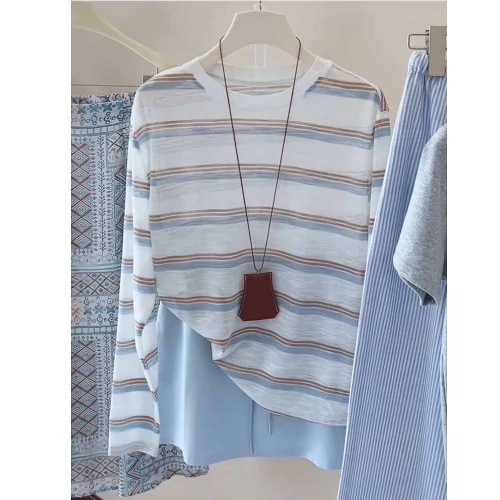 蓝色条纹长袖针织衫女2025秋季新款内搭打底罩衫宽松薄款百搭上衣